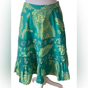 ODILLE ANTHROPOLOGIE Turquoise & Yellow Tiered Midi A-Line Cotton Skirt Size 2